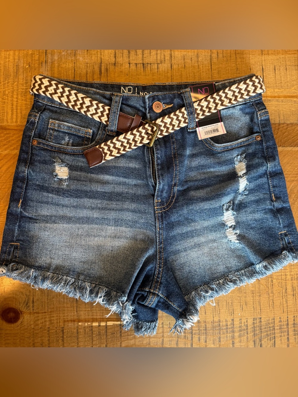 NOBO Blue Distressed Denim Shorts with Woven Brown/Cream Belt